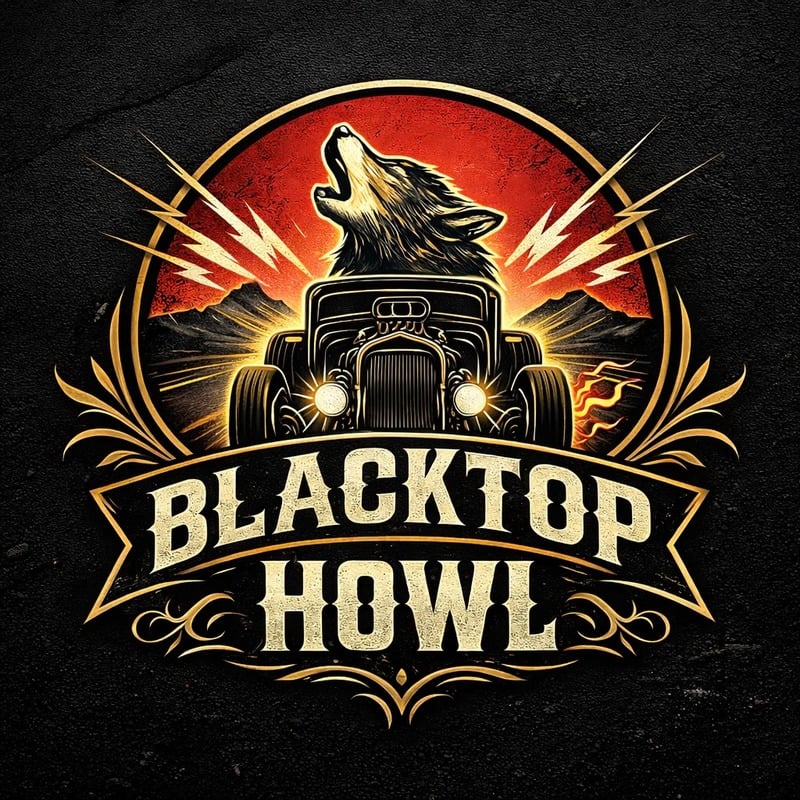 Blacktop Howl logo — howling wolf and hot rod